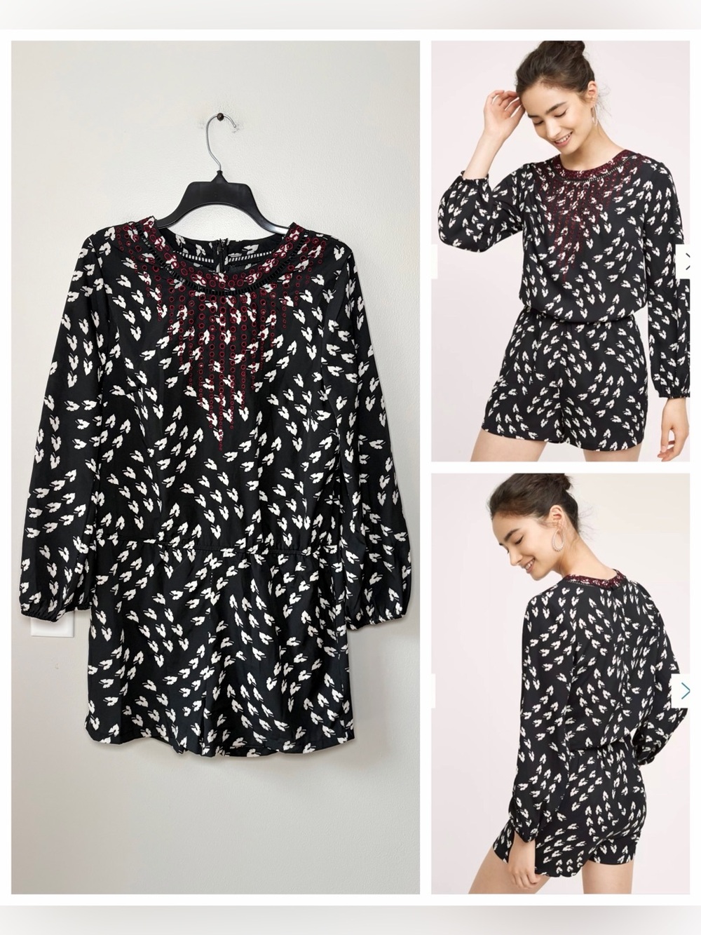 Ranna Gill Anthropologie Madine Floral Satin-Esque Embroidered Boho Romper